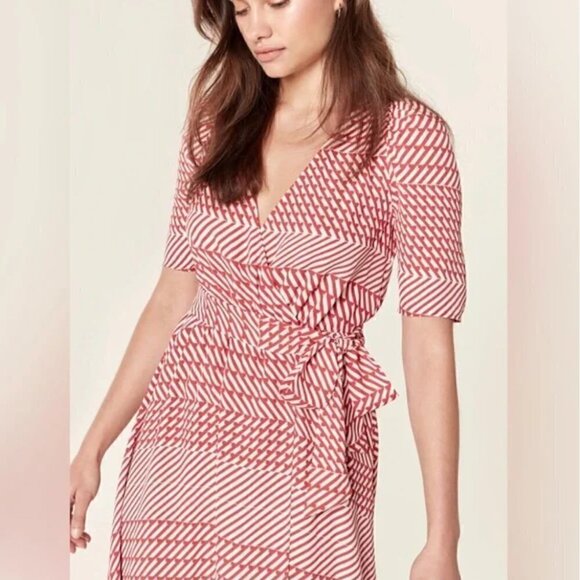 Joie Cata Wrap Dress 10 Midi Red Patchwork Pattern Stripe - Picture 8 of 15